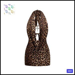 Leopard Halter Mini Dress Deep V Neck Ruched Bodycon Party Club Wear